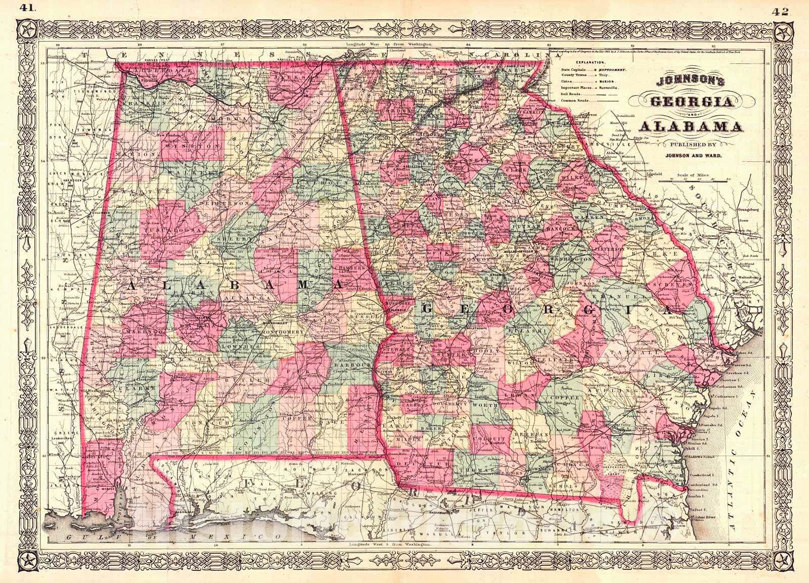 Historic Map : 1866 Johnson's Georgia and Alabama : Vintage Wall Art