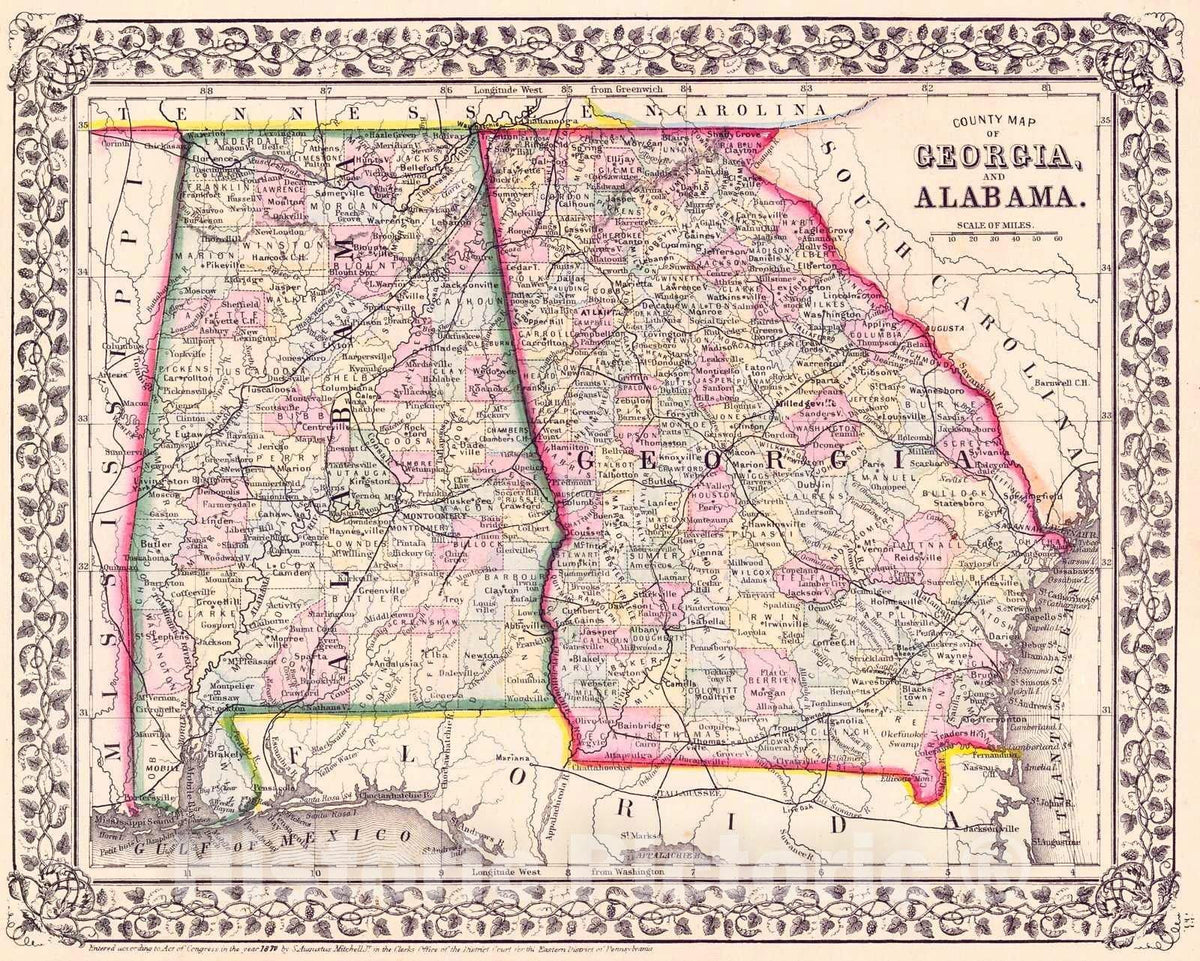 Historic Map : 1870 County Map of Georgia and Alabama : Vintage Wall Art