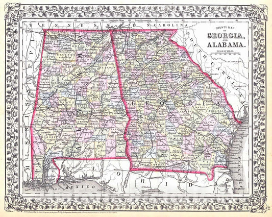 Historic Map : 1871 County Map of the States of Georgia and Alabama : Vintage Wall Art
