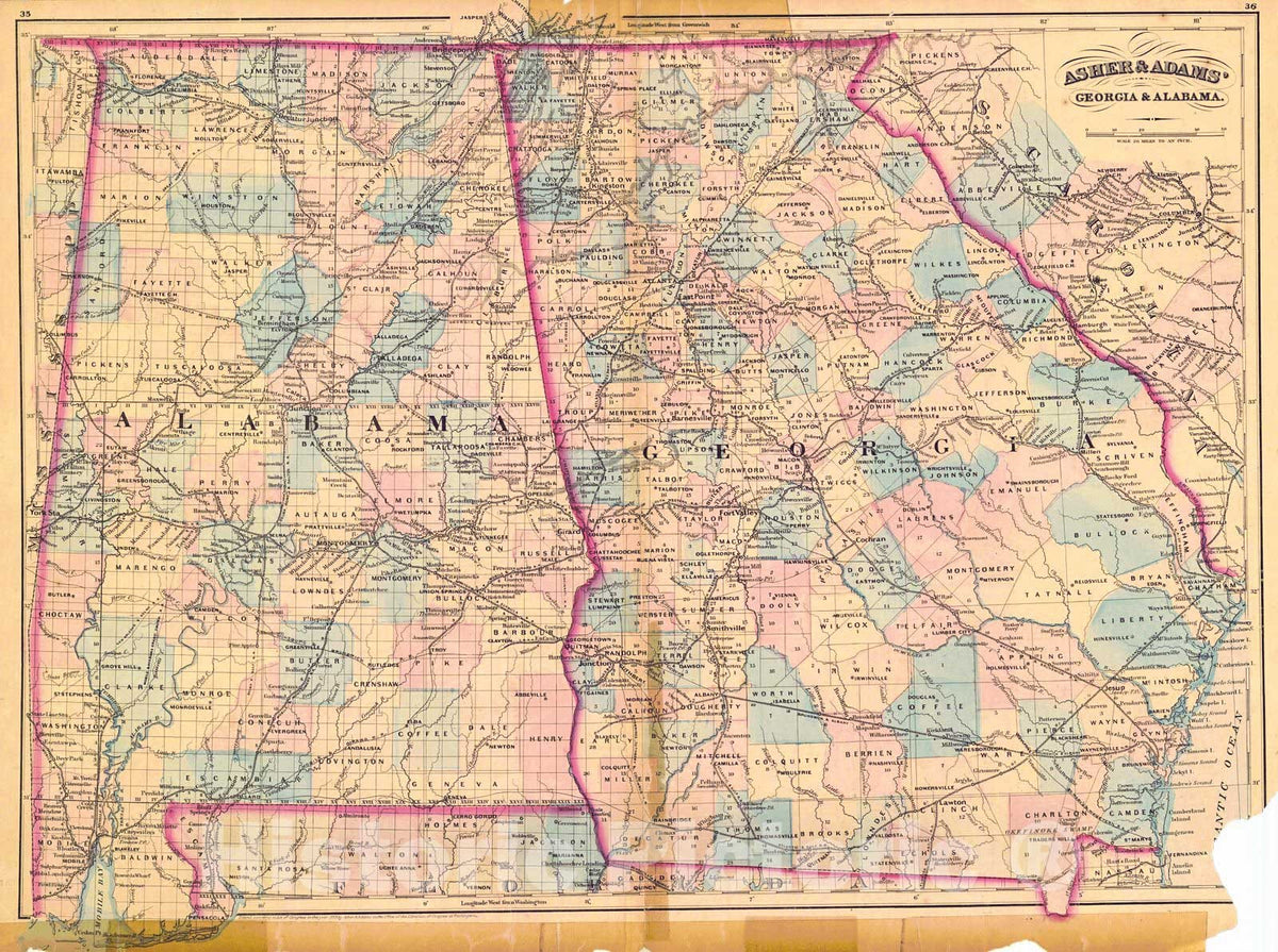 Historic Map : 1873 Georgia and Alabama : Vintage Wall Art
