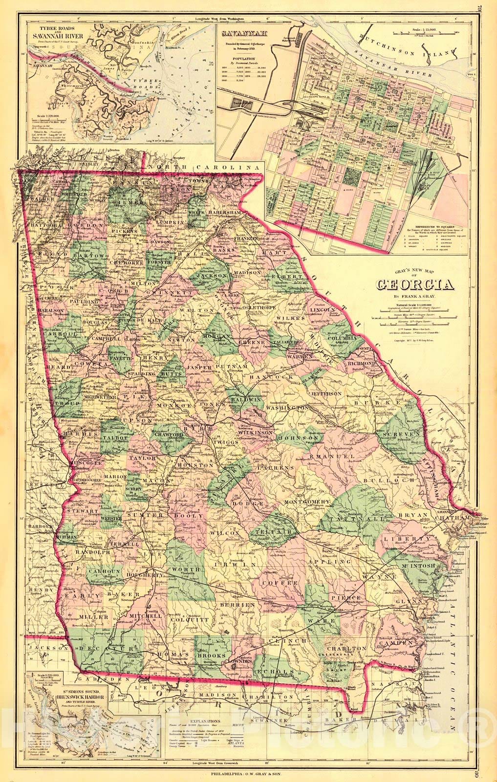 Historic Map : 1877 Gray's New Map of Georgia : Vintage Wall Art