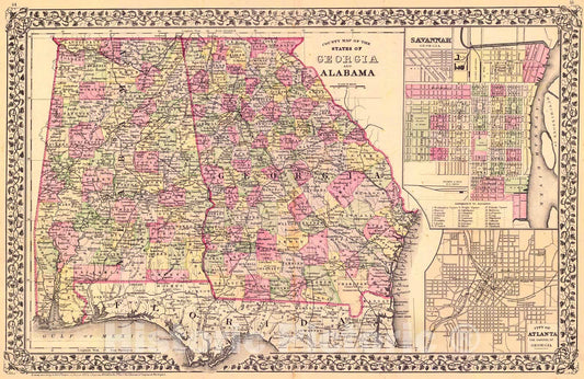 Historic Map : 1882 County Map of the States of Georgia and Alabama : Vintage Wall Art