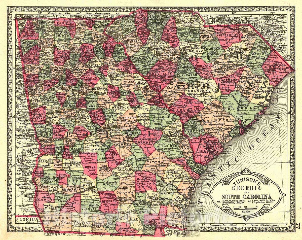 Historic Map : 1885 Georgia and South Carolina : Vintage Wall Art
