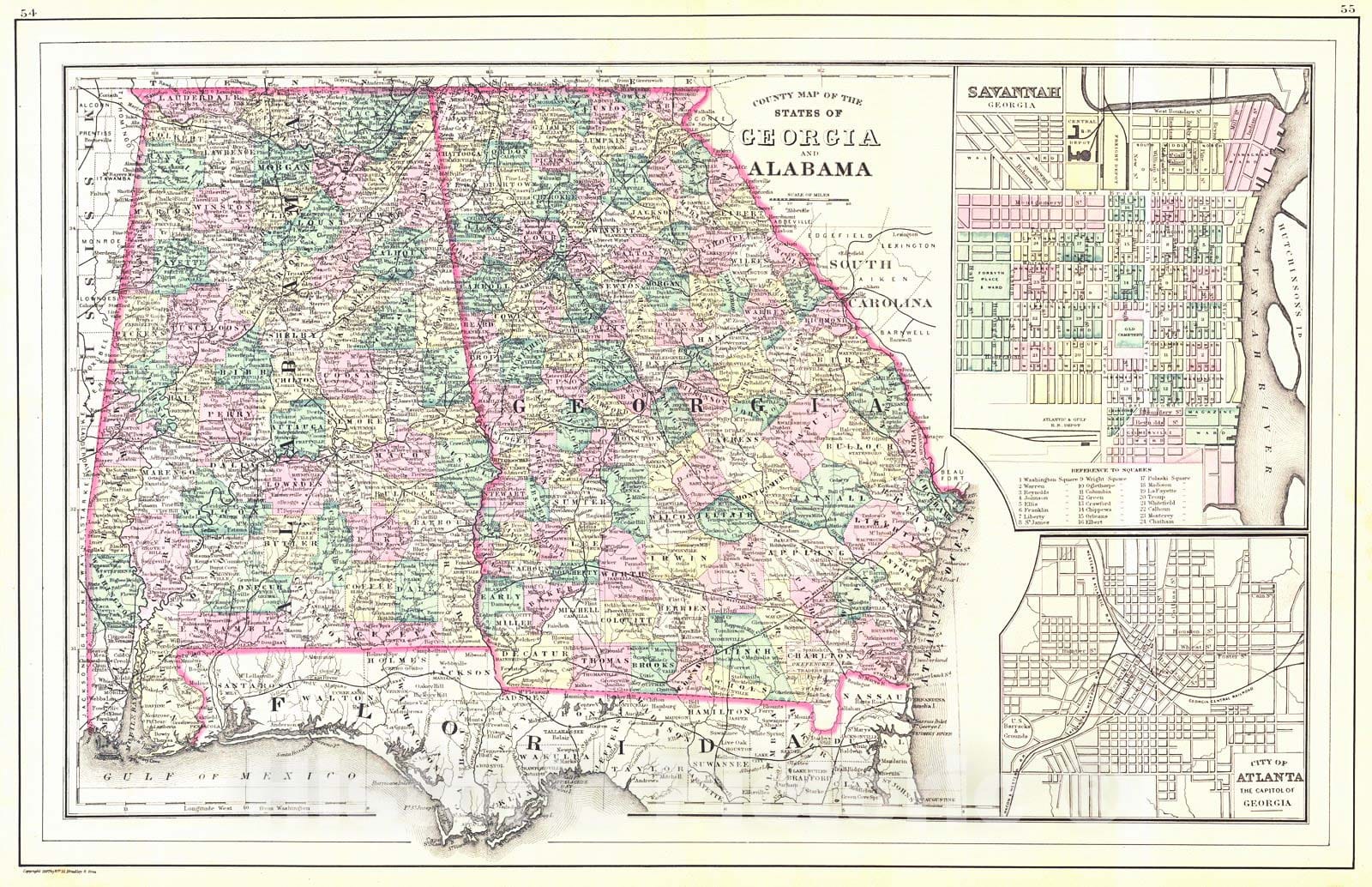 Historic Map : 1887 County Map of the States of Georgia and Alabama : Vintage Wall Art