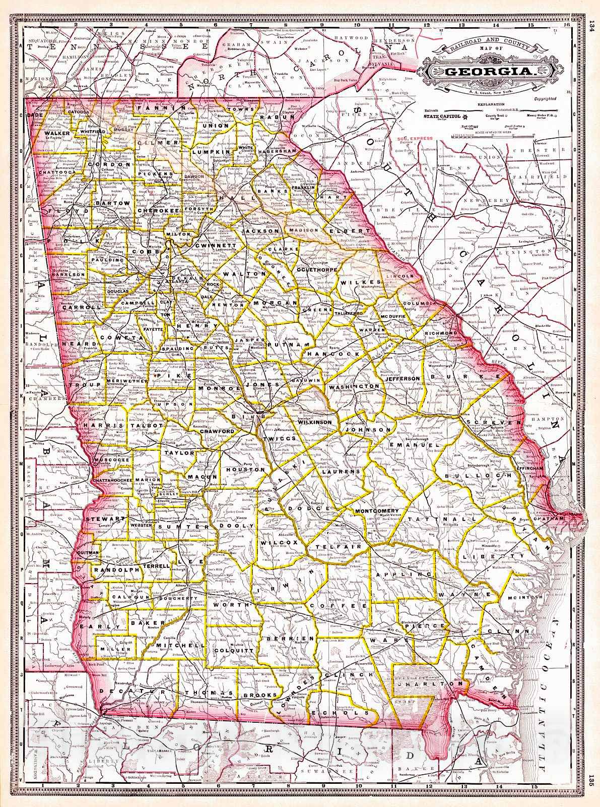 Historic Map : 1887 Railroad and County Map of Georgia : Vintage Wall Art