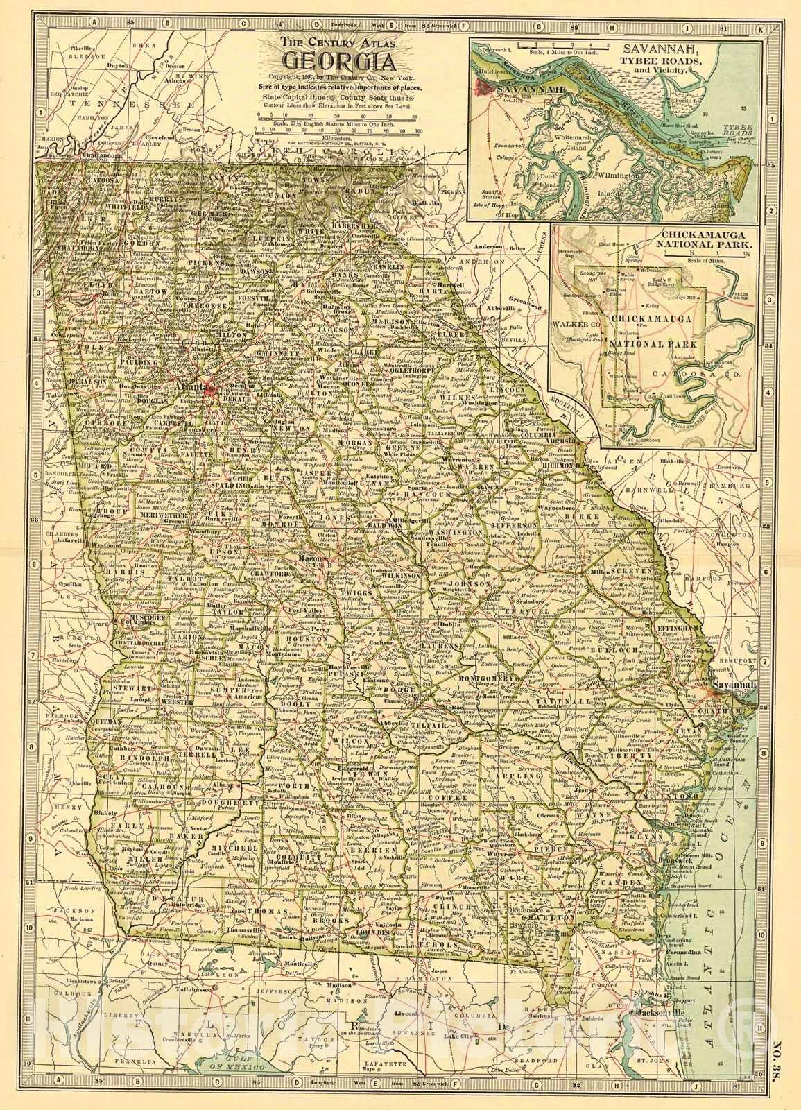 Historic Map : 1897 The Century Atlas Map of Georgia : Vintage Wall Art