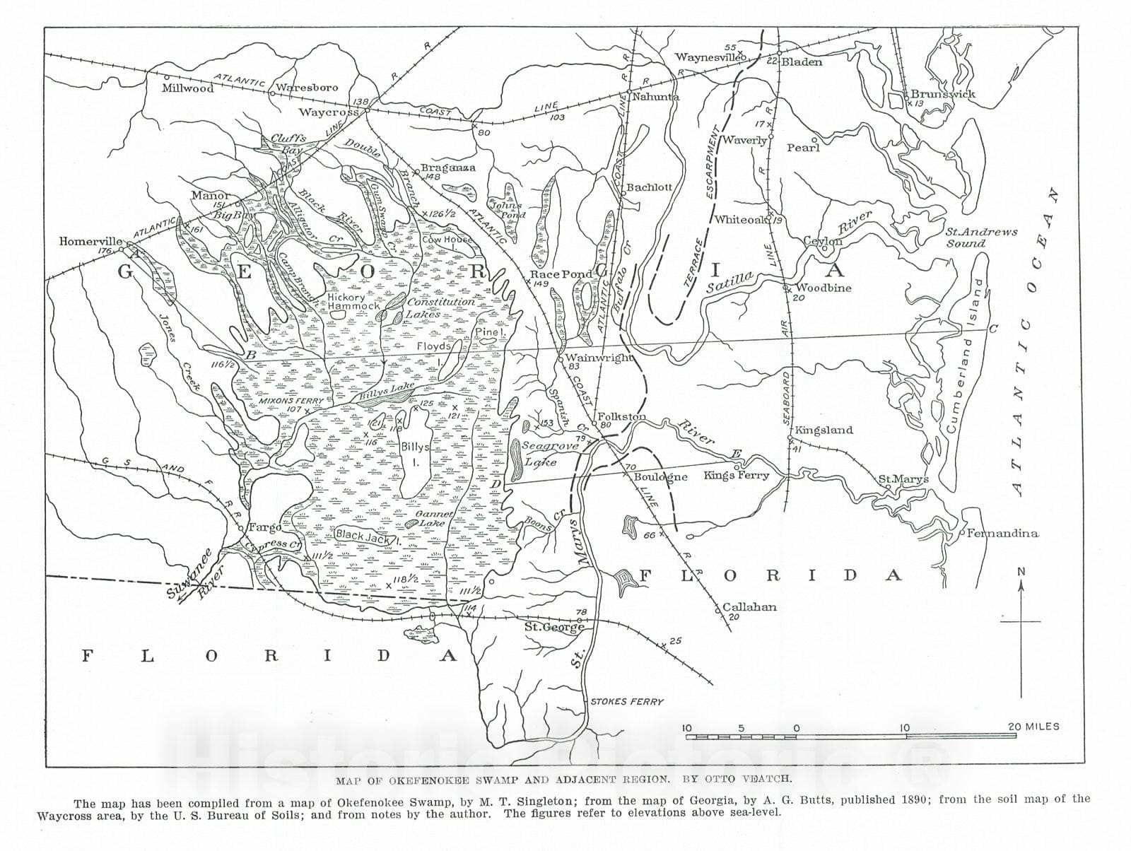 Historic Map : 1911 Map of Okeefenokee Swamp and Adjacent Region  : Vintage Wall Art