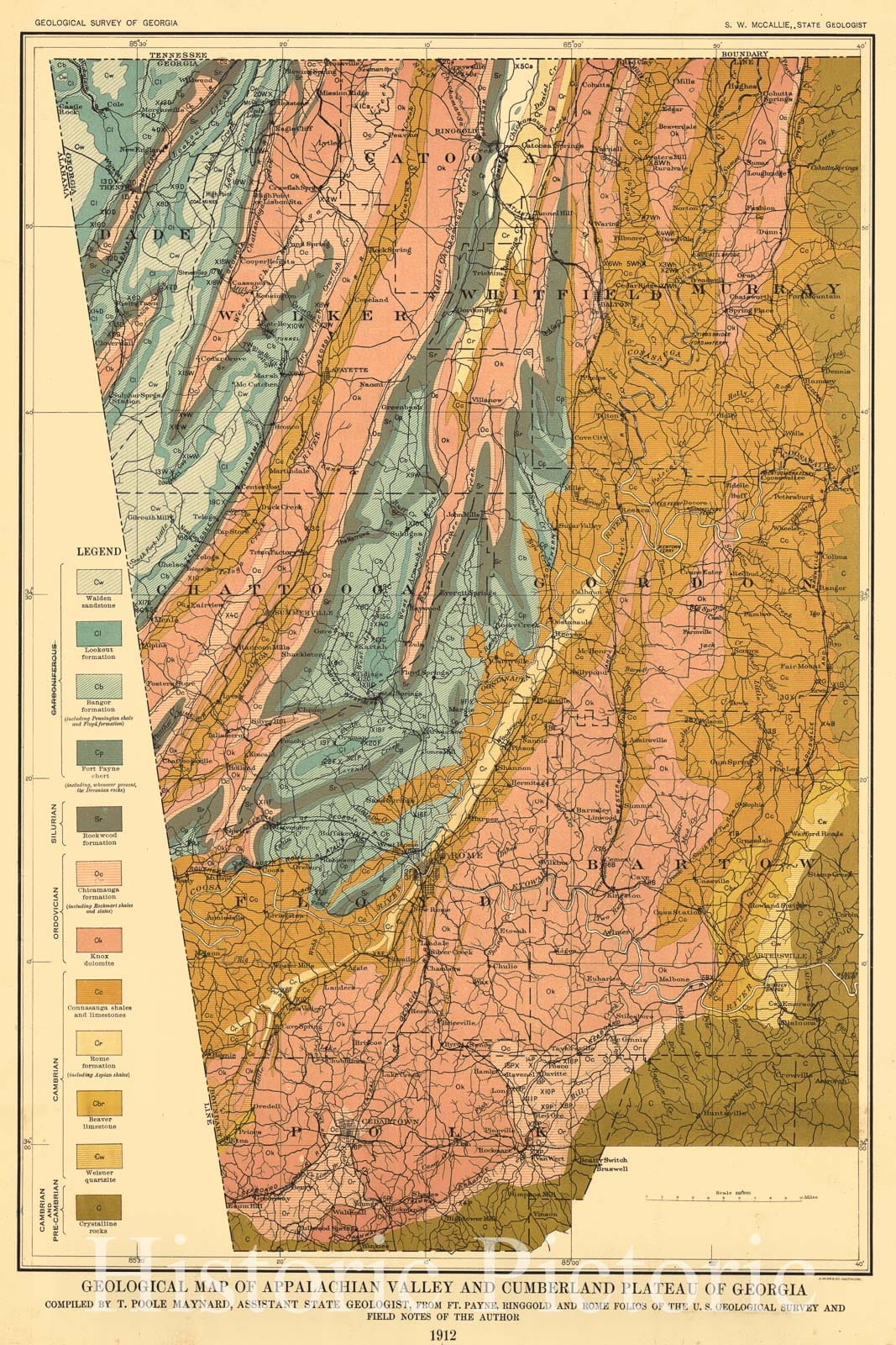 Historic Map : 1912 Geological Map of Appalachian Valley and Cumberland Plateau of Georgia : Vintage Wall Art