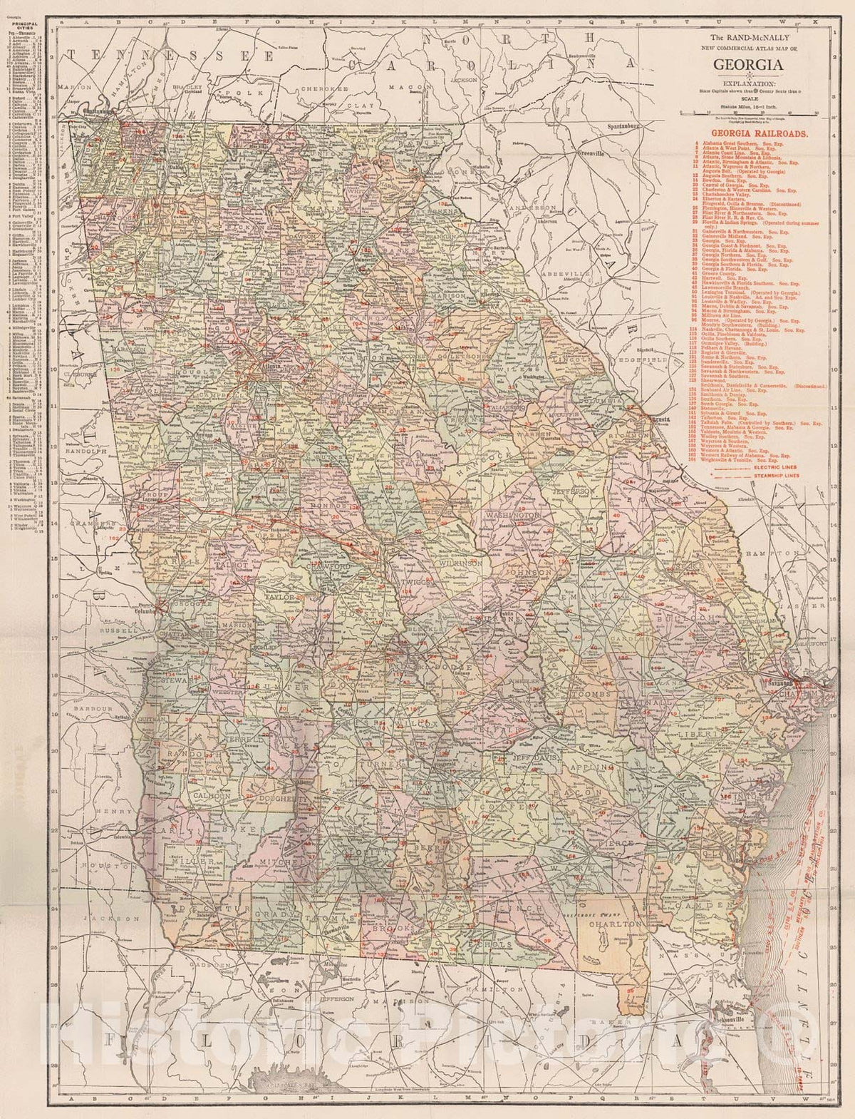 Historic Map : 1916 The Rand McNally New Commerical Atlas Map of Georgia : Vintage Wall Art