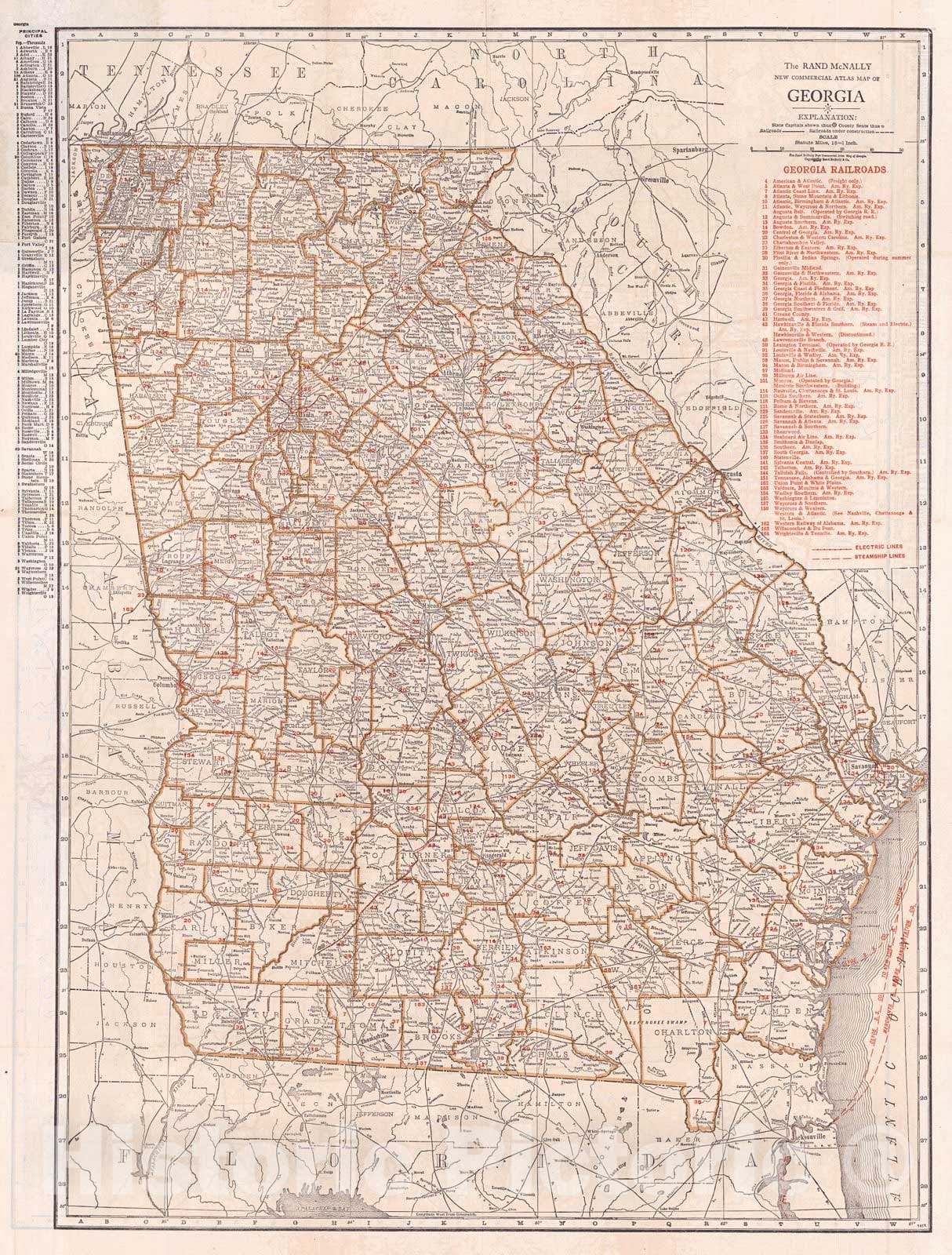 Historic Map : 1920 New Commercial Atlas Map of Georgia: Georgia Railroads : Vintage Wall Art