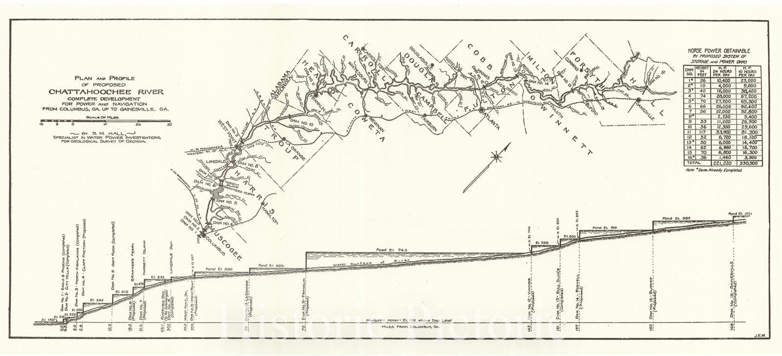 Historic Map : 1921 Plan and Profile of Proposed Chattahoochee River Complete Development for Power and Navigation from Columbus, GA up to Gainesville, GA : Vintage Wall Art