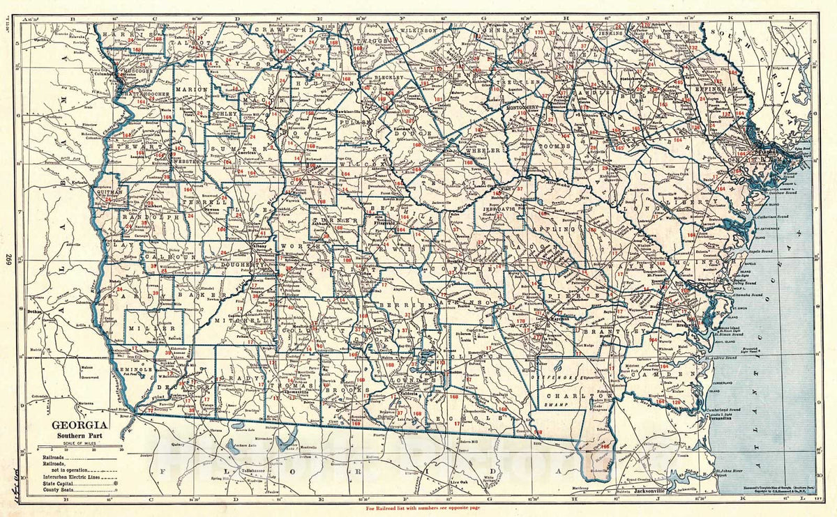 Historic Map : 1926 Hammonds Complete Map of Georgia, Southern Part : Vintage Wall Art