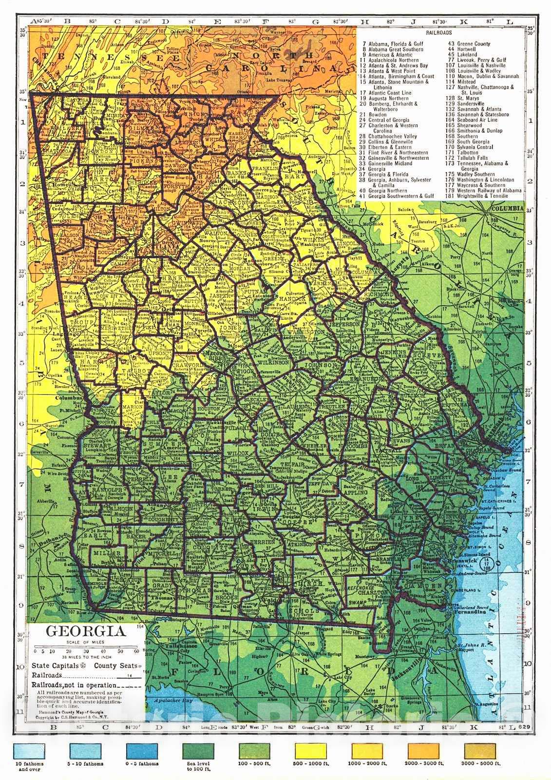 Historic Map : 1929 Hammond's County Map of Georgia : Vintage Wall Art