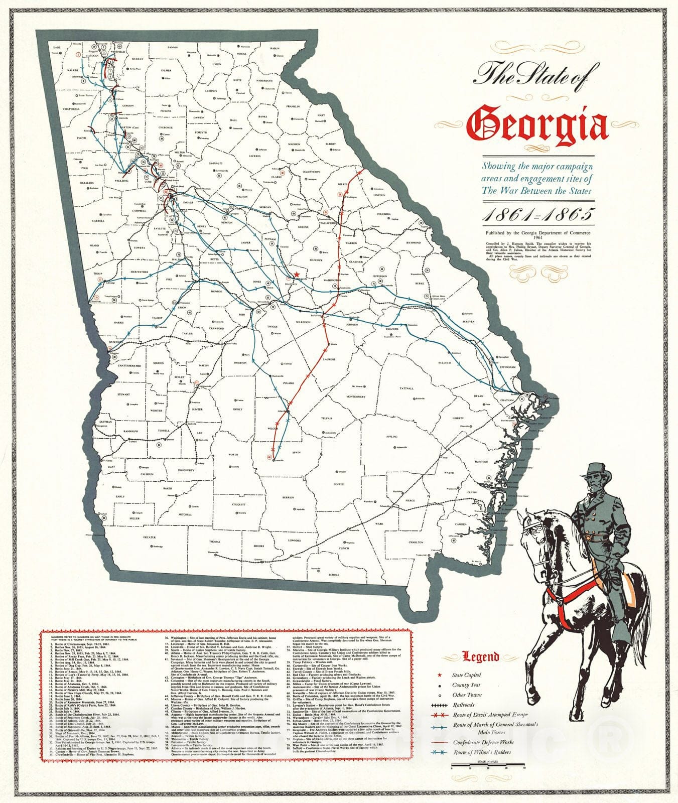 Historic Map : 1961 State of George Showing the Major Campaign Areas and Engagement Sites of The War Between the States, 1861-1865  : Vintage Wall Art