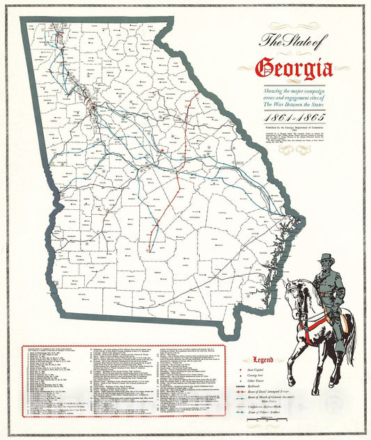 Historic Map : 1961 State of George Showing the Major Campaign Areas and Engagement Sites of The War Between the States, 1861-1865  : Vintage Wall Art