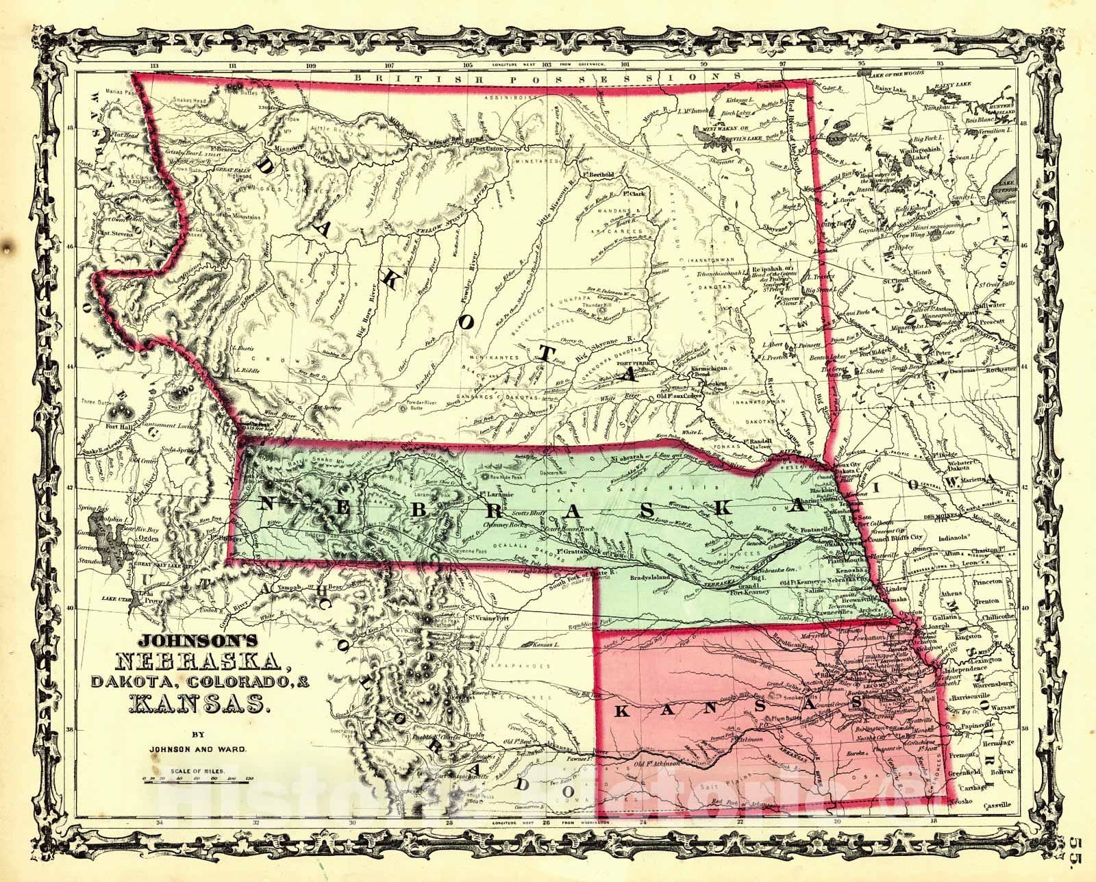 Historic Map : 1862 Johnson's Nebraska, Dakota, Colorado, and Kansas : Vintage Wall Art
