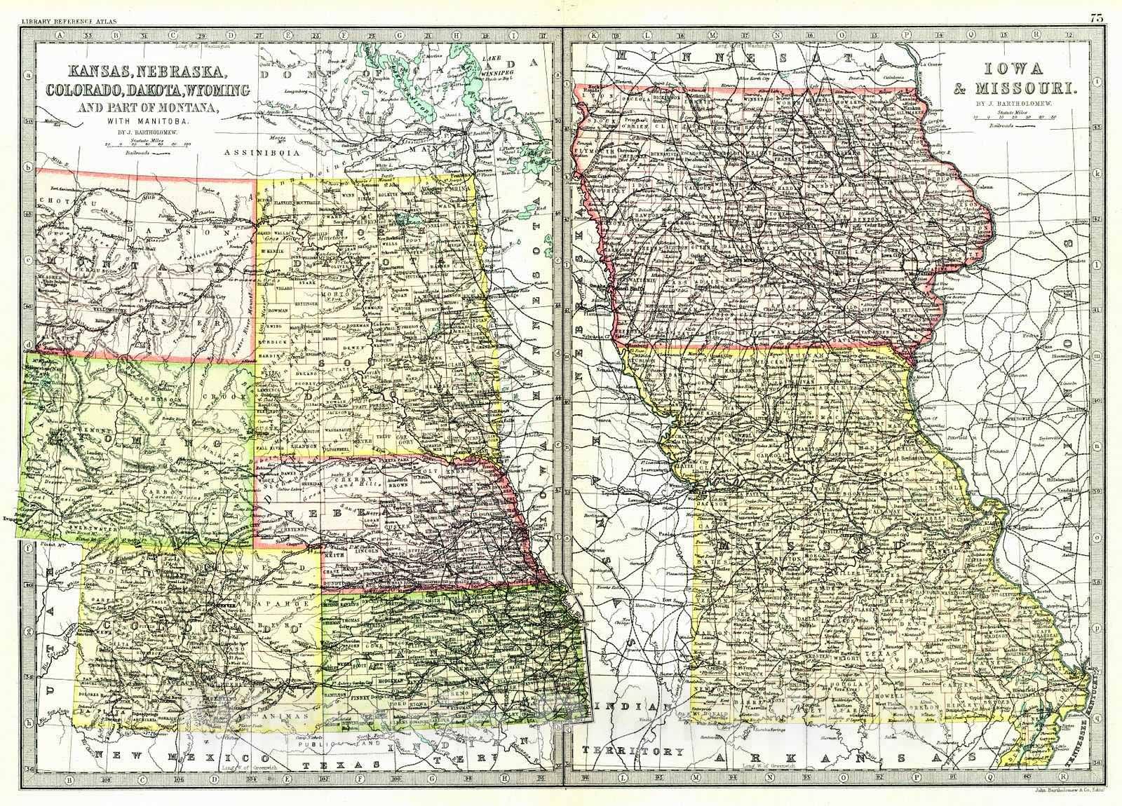 Historic Map : 1890 1)Kansas, Nebraska, Colorado, Dakota, Wyoming, and Part of Montana; 2) Iowa and Missouri : Vintage Wall Art