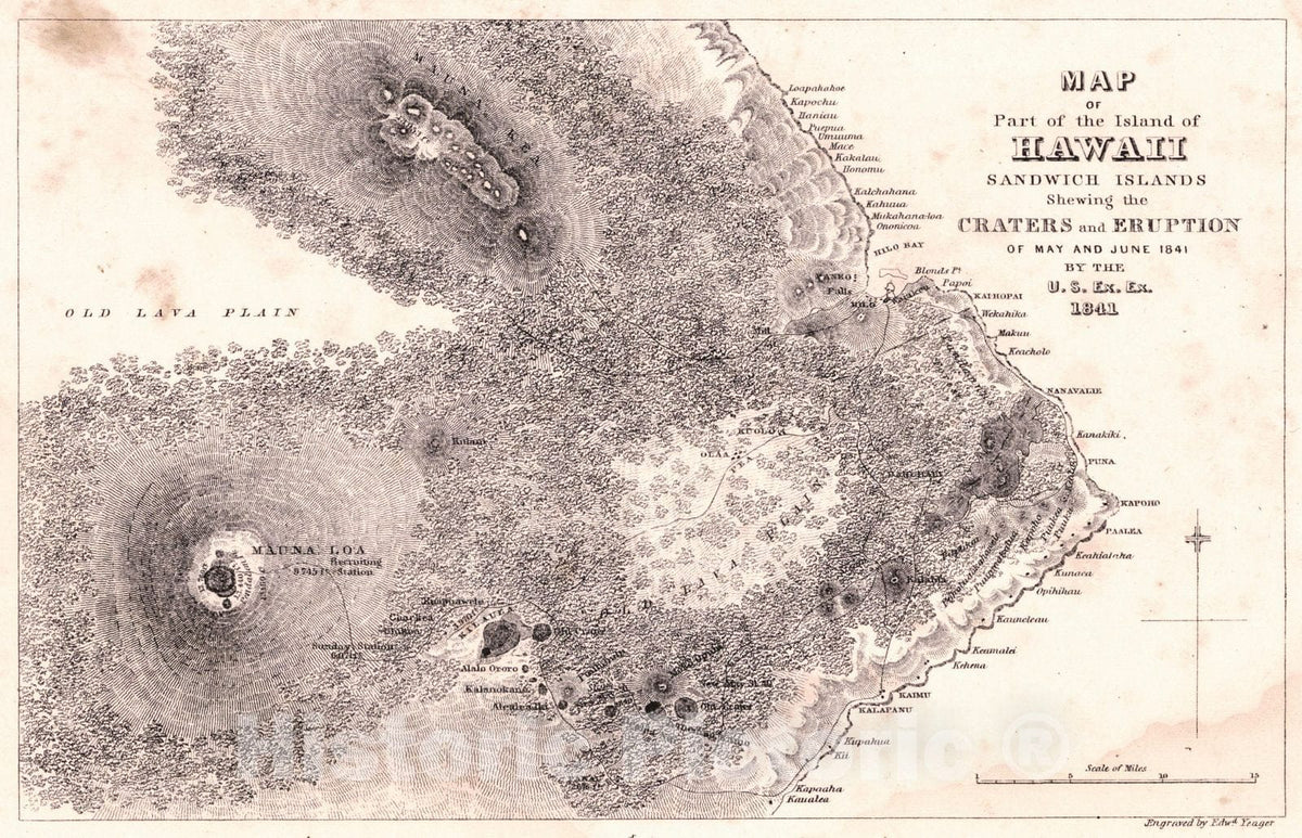 Historic Map : 1845 Map of Part of the Island of Hawaii Sandwich Islands Showing the Craters and Eruption of May and June 1841  : Vintage Wall Art