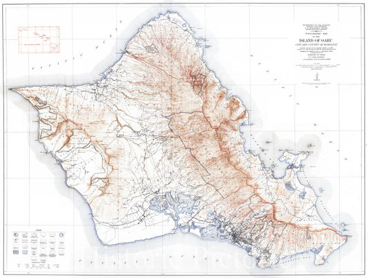 Historic Map : 1917 Topographic Map of the Island of Oahu, City and County of Honolulu : Vintage Wall Art