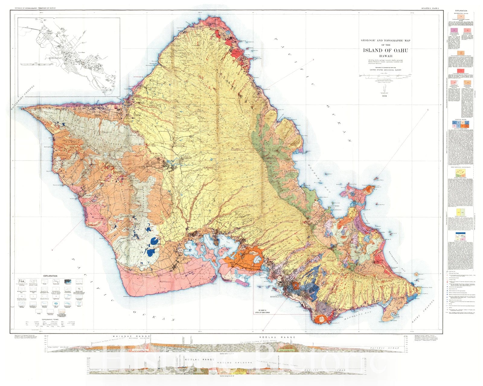Historic Map : 1938 Geologic and Topographic Map of the Island of Oahu, Hawaii : Vintage Wall Art