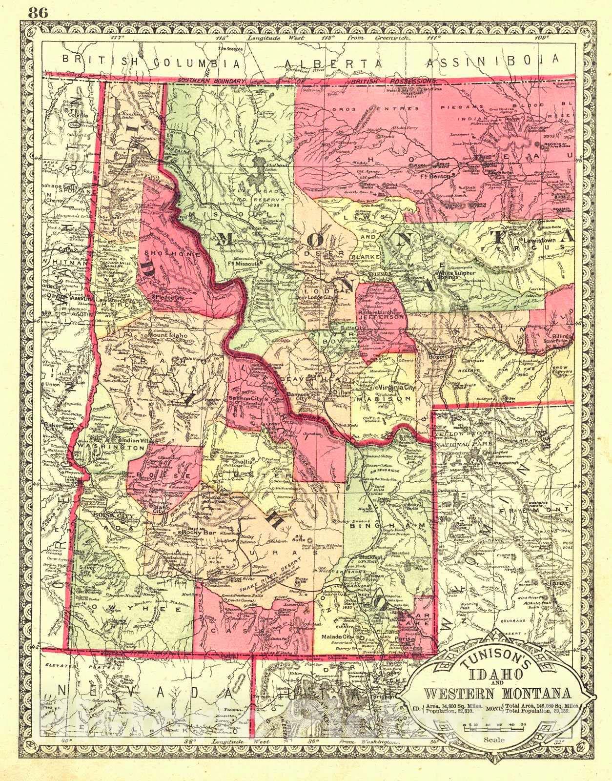 Historic Map : 1885 Idaho and Western Montana : Vintage Wall Art
