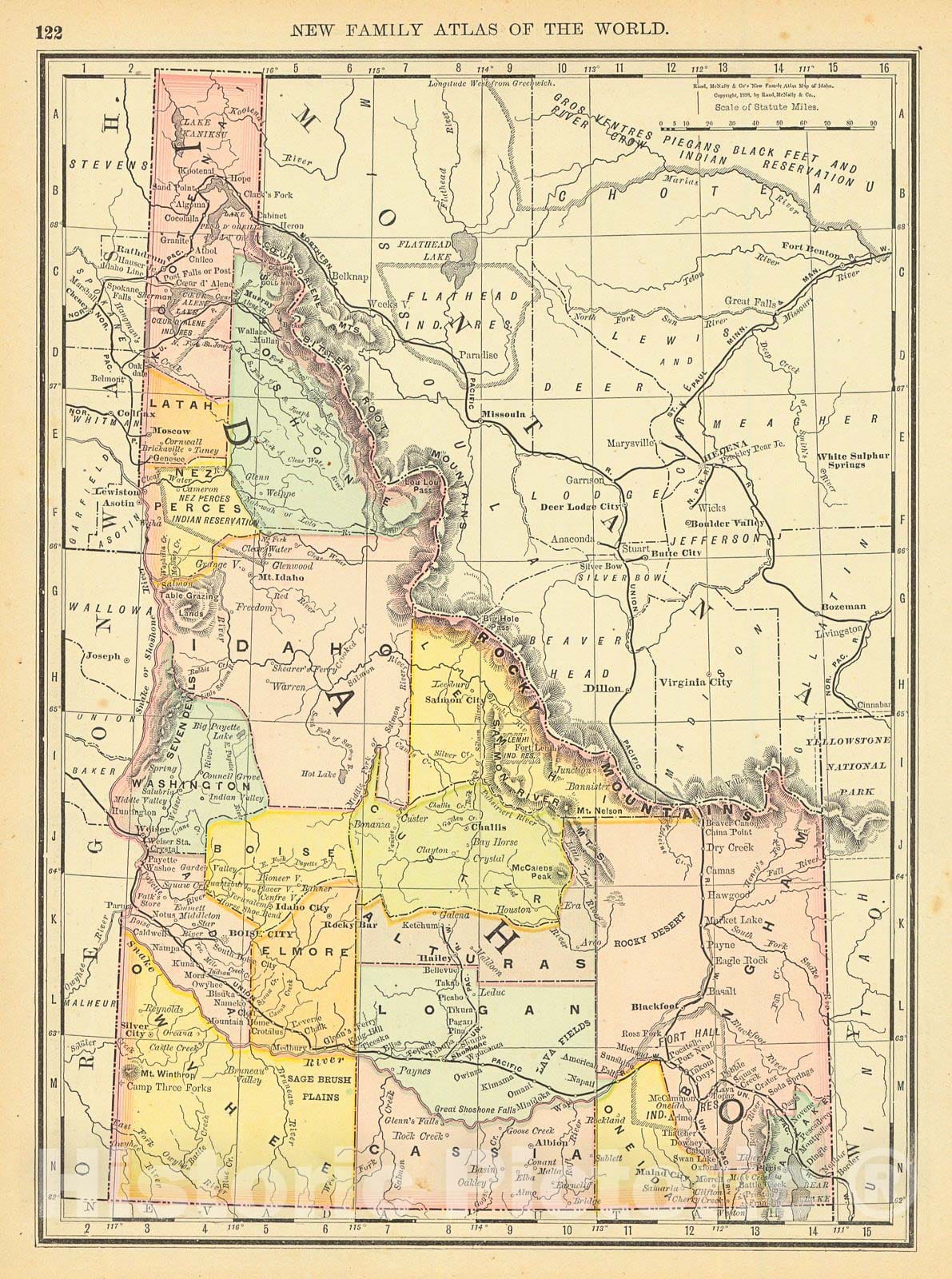 Historic Map : 1891 Rand McNally & Co.'s New Family Atlas Map of Idaho : Vintage Wall Art