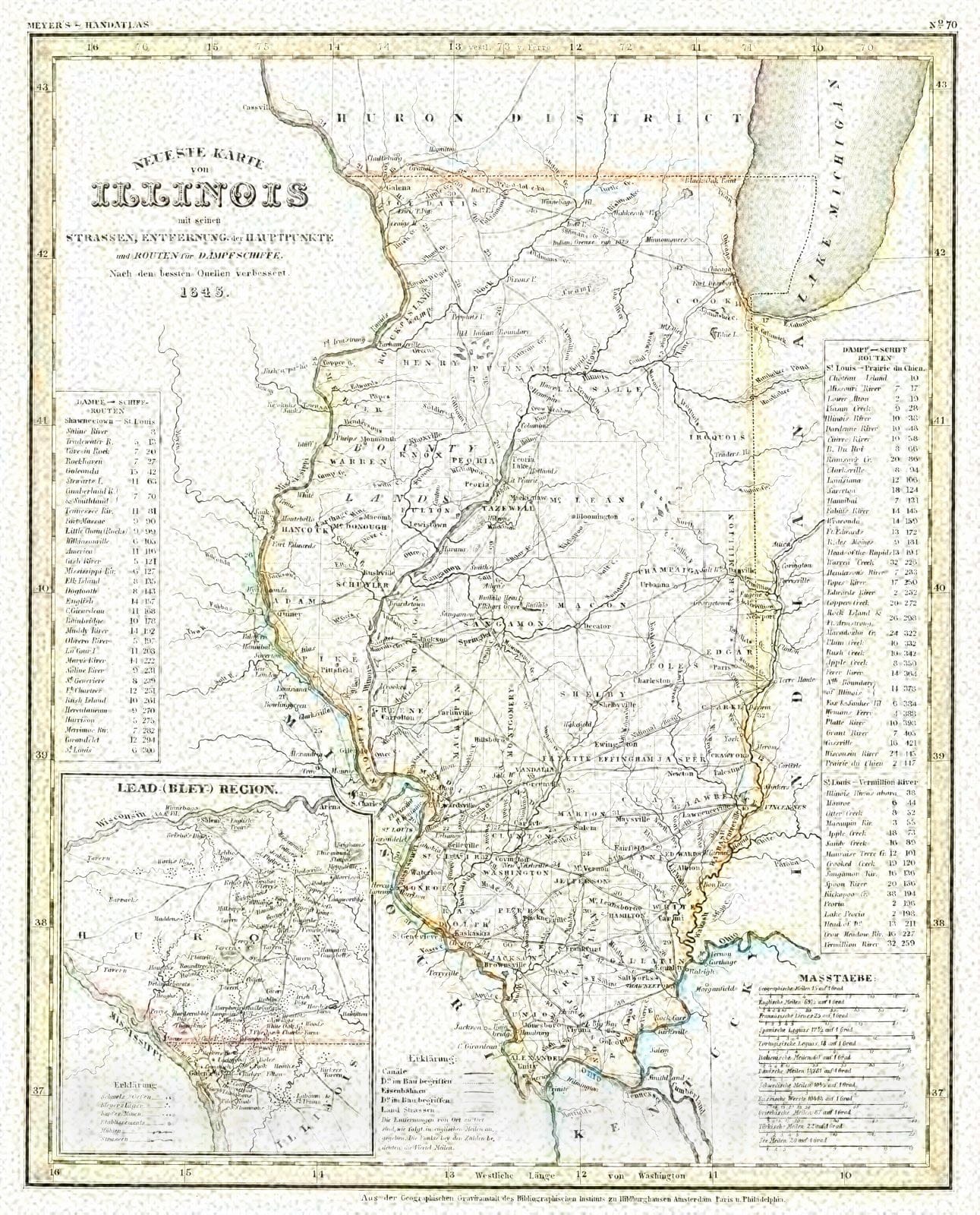 Historic Map : 1845 Neueste karte von Illinois : Vintage Wall Art