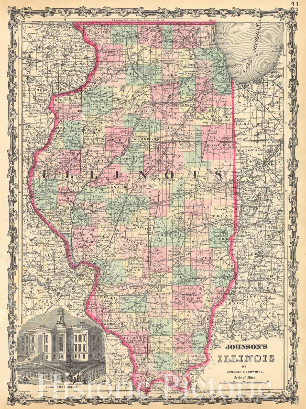 Historic Map : 1861 Johnson's Illinois : Vintage Wall Art