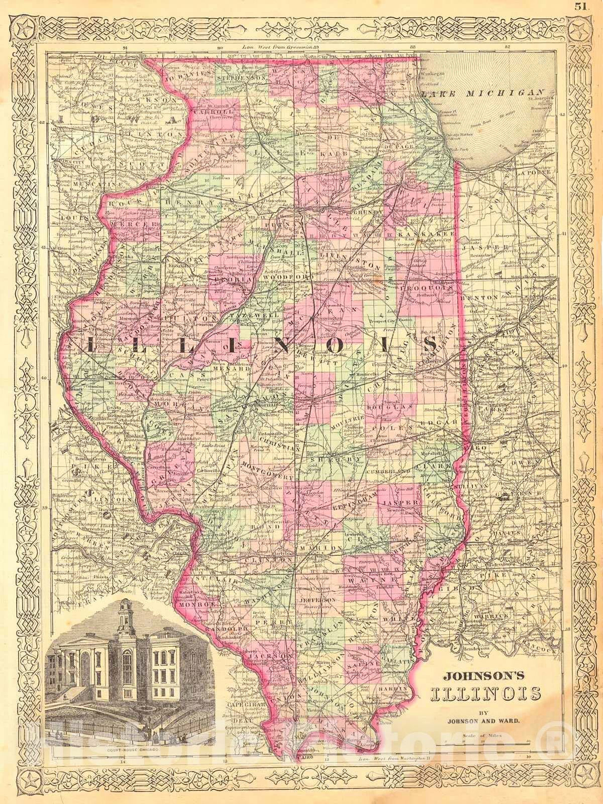 Historic Map : 1863 Johnson's Illinois : Vintage Wall Art