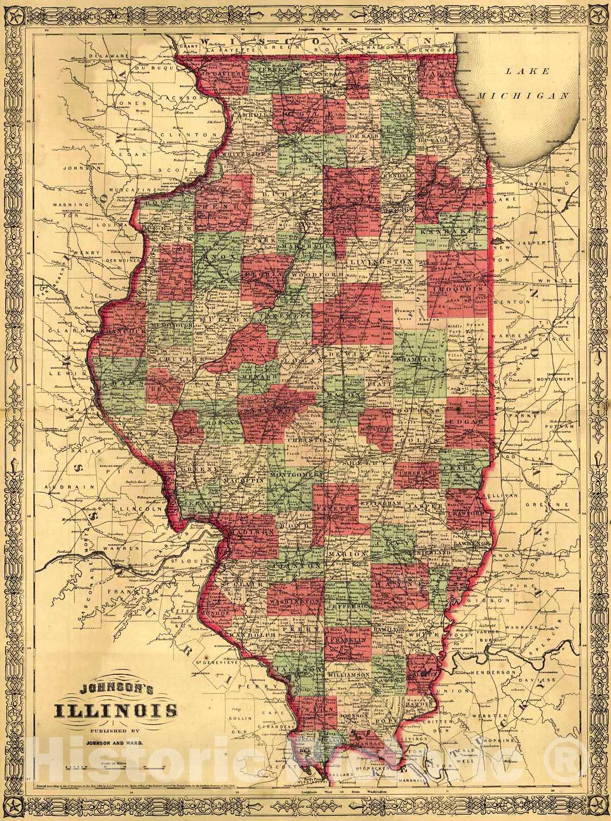 Historic Map : 1864 Johnson's Illinois : Vintage Wall Art