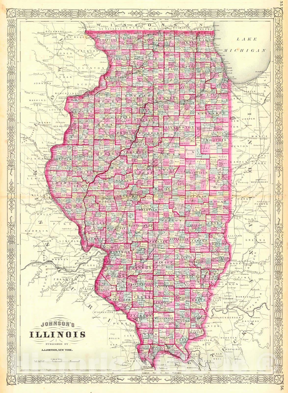 Historic Map : 1866 Johnson's Illinois : Vintage Wall Art