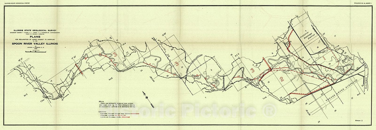 Historic Map : 1916 Plans for Reclamation of Lands Subject to Overflow in the Spoon River Valley, Illinois : Vintage Wall Art
