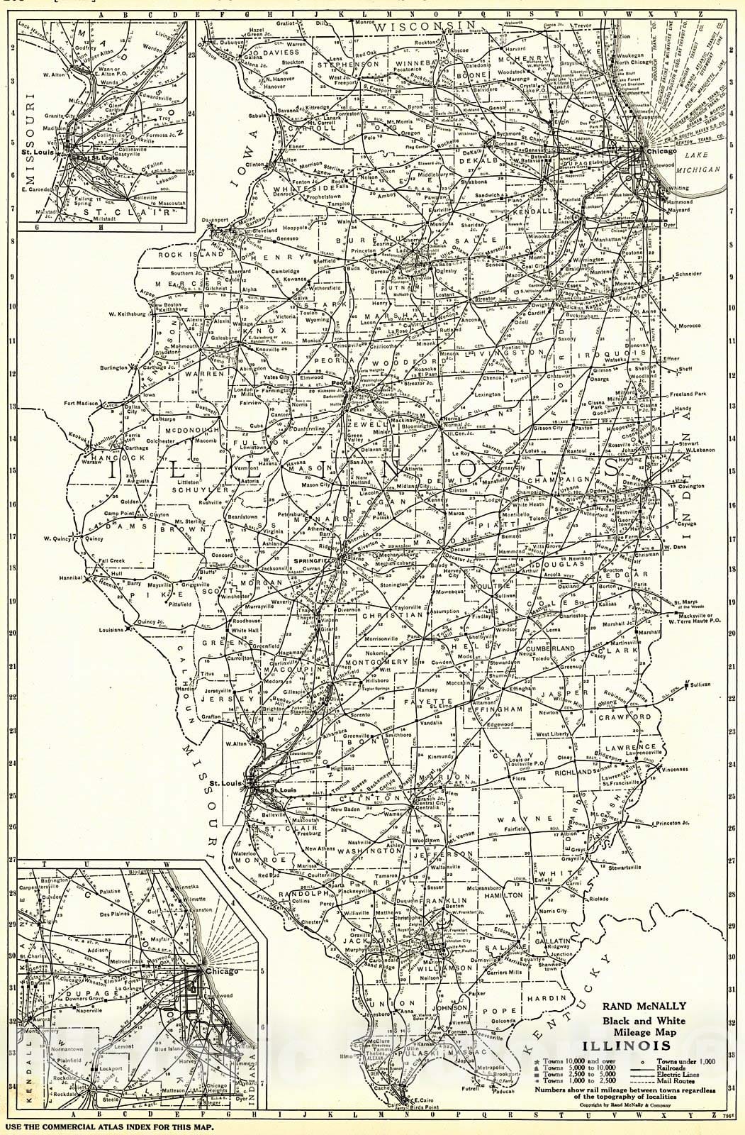 Historic Map : 1921 Illinois- Black and White Mileage Map  : Vintage Wall Art