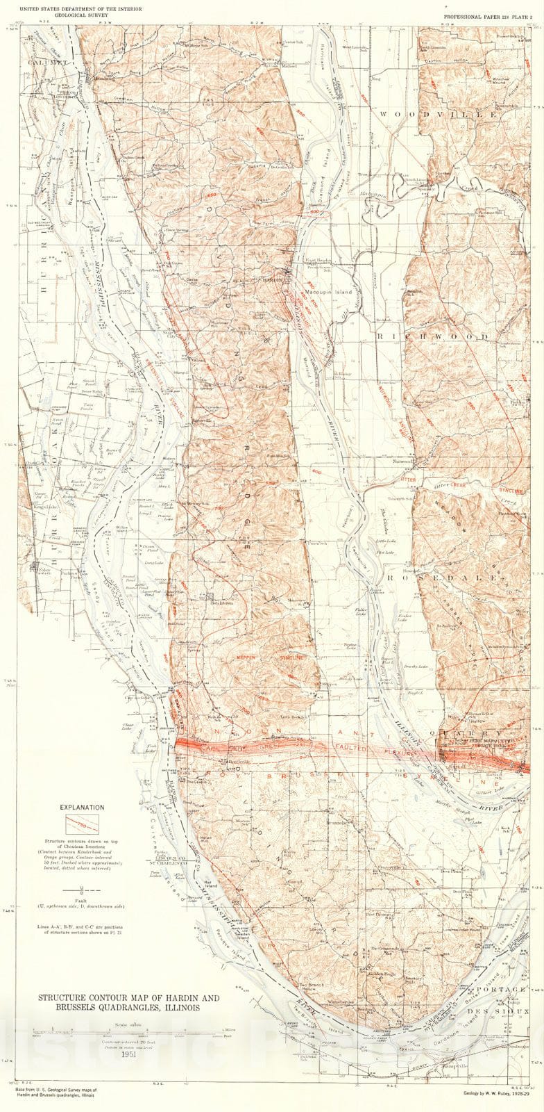 Historic Map : 1951 Structure Contour Map of Hardin and Brussels Quadrangles, Illinois : Vintage Wall Art