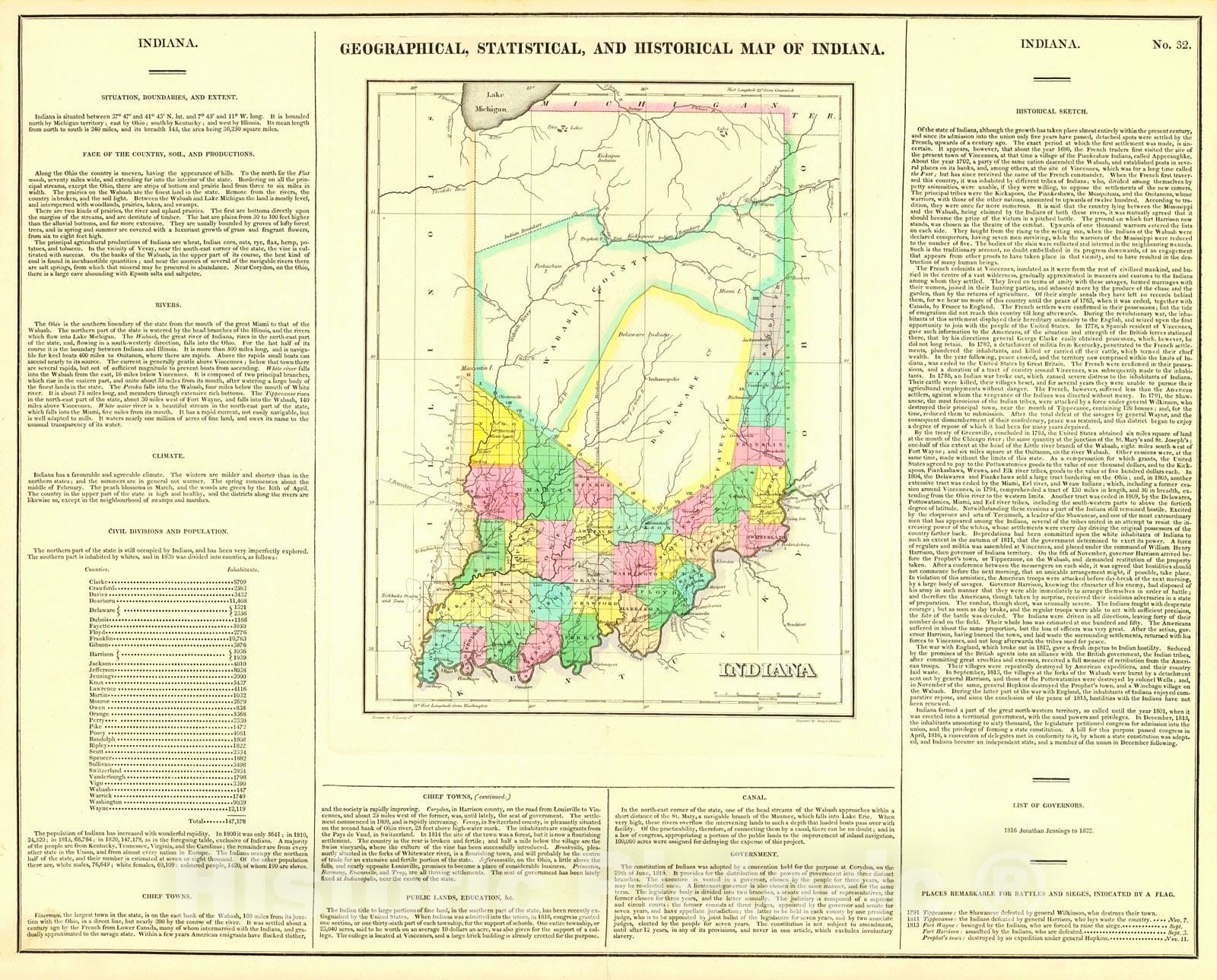 Historic Map : 1822 Geographical, Statistical, and Historical Map of Indiana : Vintage Wall Art