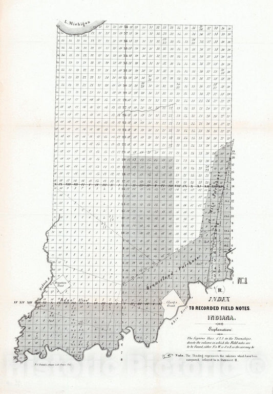 Historic Map : 1835 No. 1 Index to Record Field Notes Indiana : Vintage Wall Art