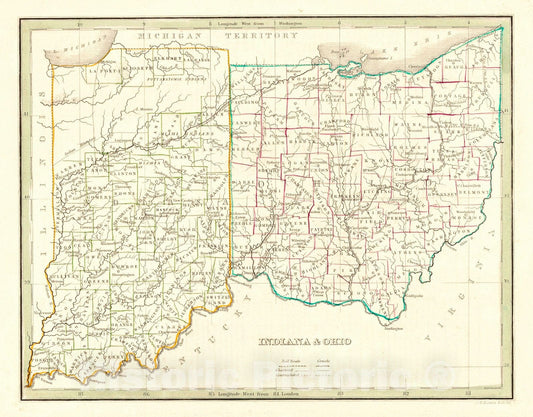 Historic Map : 1835 Indiana & Ohio : Vintage Wall Art