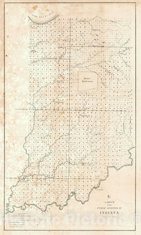 Historic Map : 1845 G-A Sketch of the Public Surveys in Indiana : Vintage Wall Art