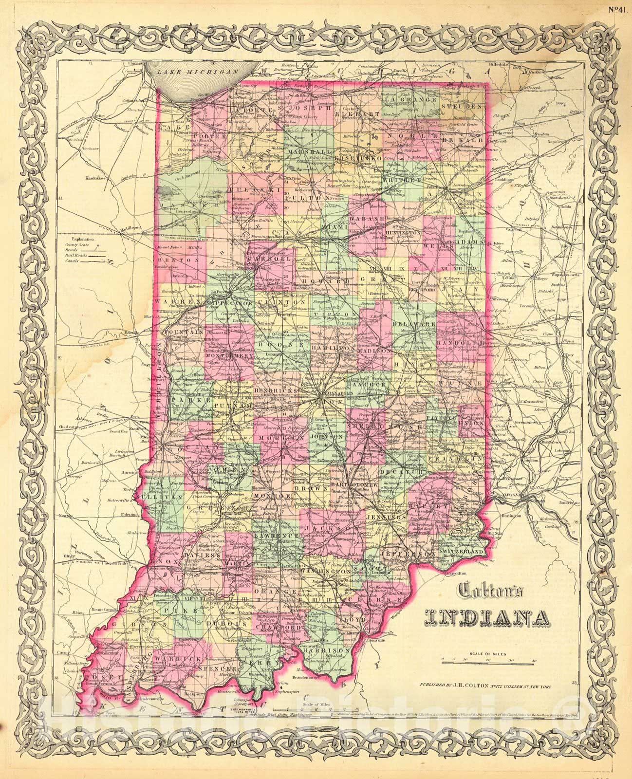 Historic Map : 1856 Colton's Indiana : Vintage Wall Art