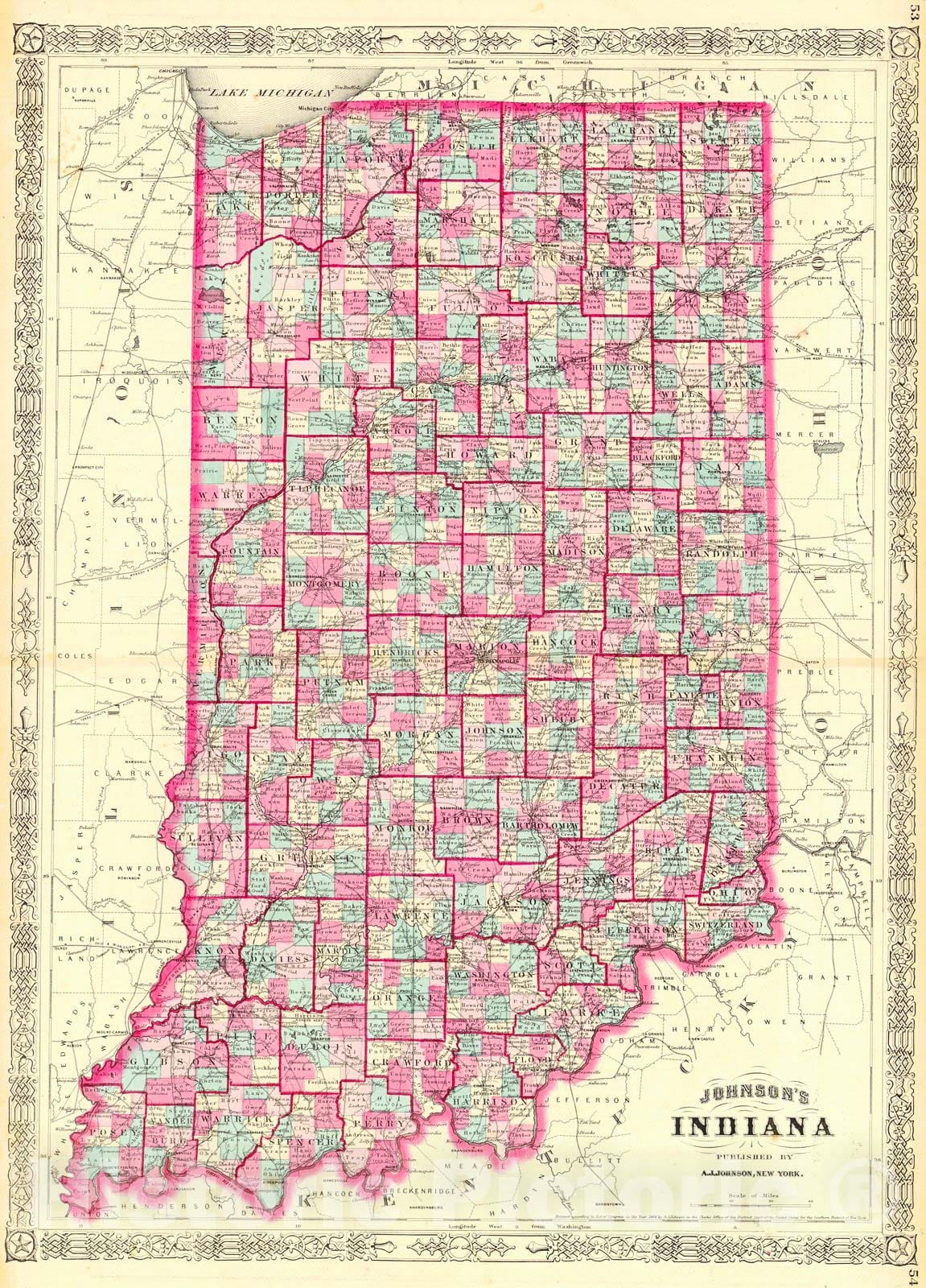 Historic Map : 1864 Johnson's Indiana : Vintage Wall Art