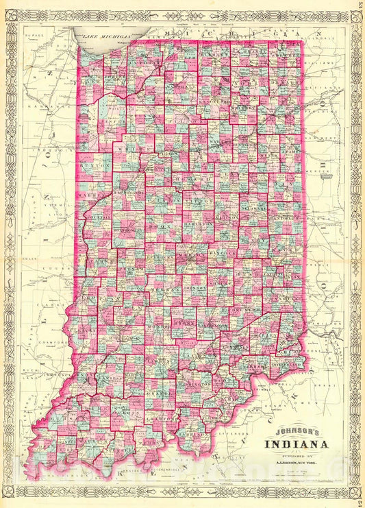 Historic Map : 1864 Johnson's Indiana : Vintage Wall Art