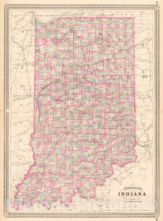 Historic Map : 1870 Johnson's Indiana : Vintage Wall Art