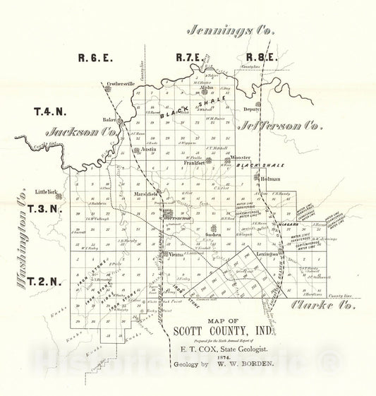 Historic Map : 1874 Map of Scott County, Indiana : Vintage Wall Art