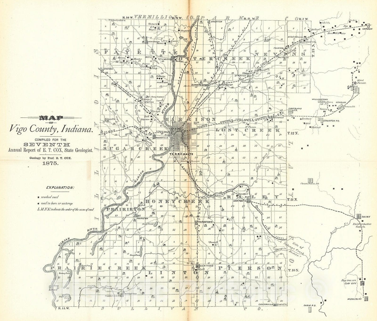 Historic Map : 1875 Map of Vigo County, Indiana : Vintage Wall Art