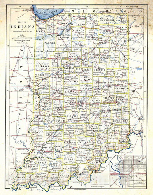 Historic Map : 1876 Map of Indiana : Vintage Wall Art