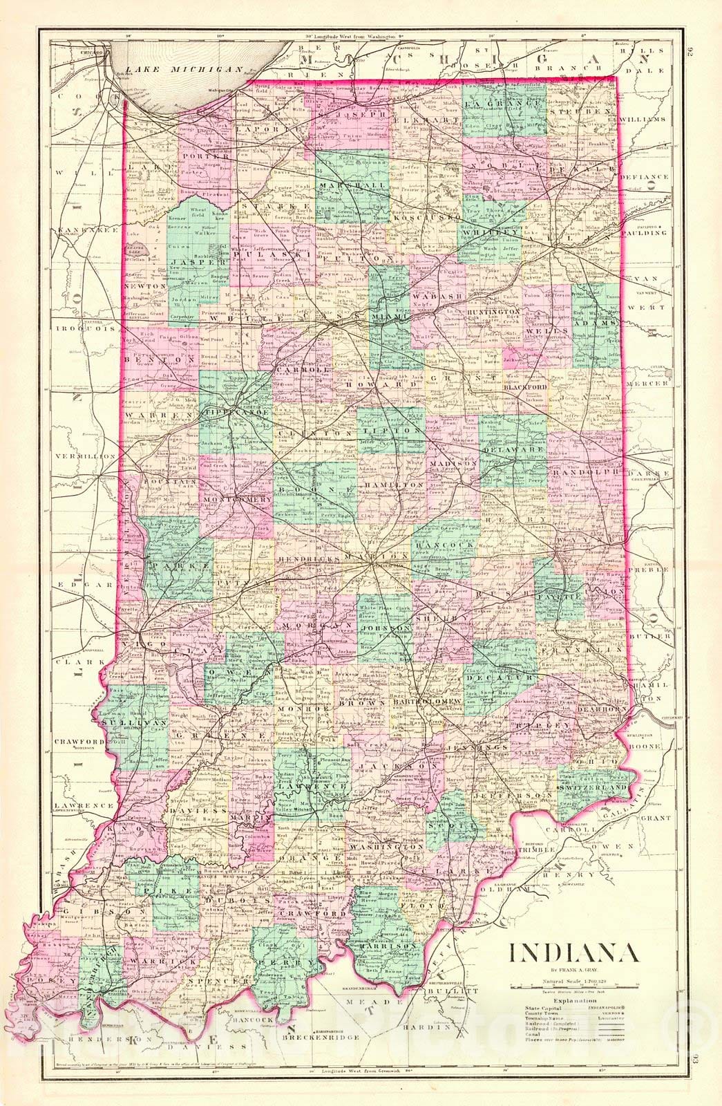 Historic Map : 1876 Indiana : Vintage Wall Art