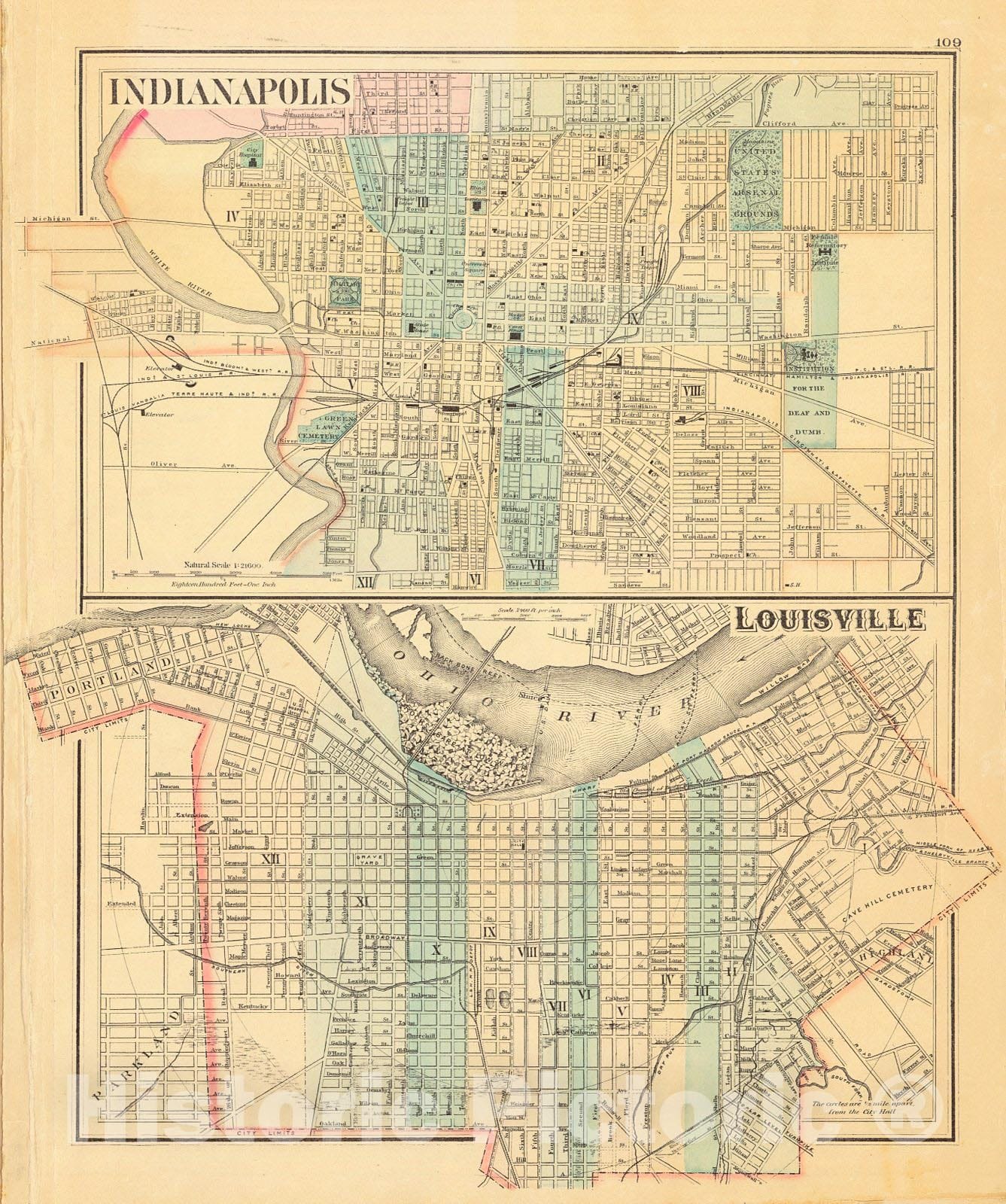 Historic Map : 1877 Indianapolis - Louisville : Vintage Wall Art