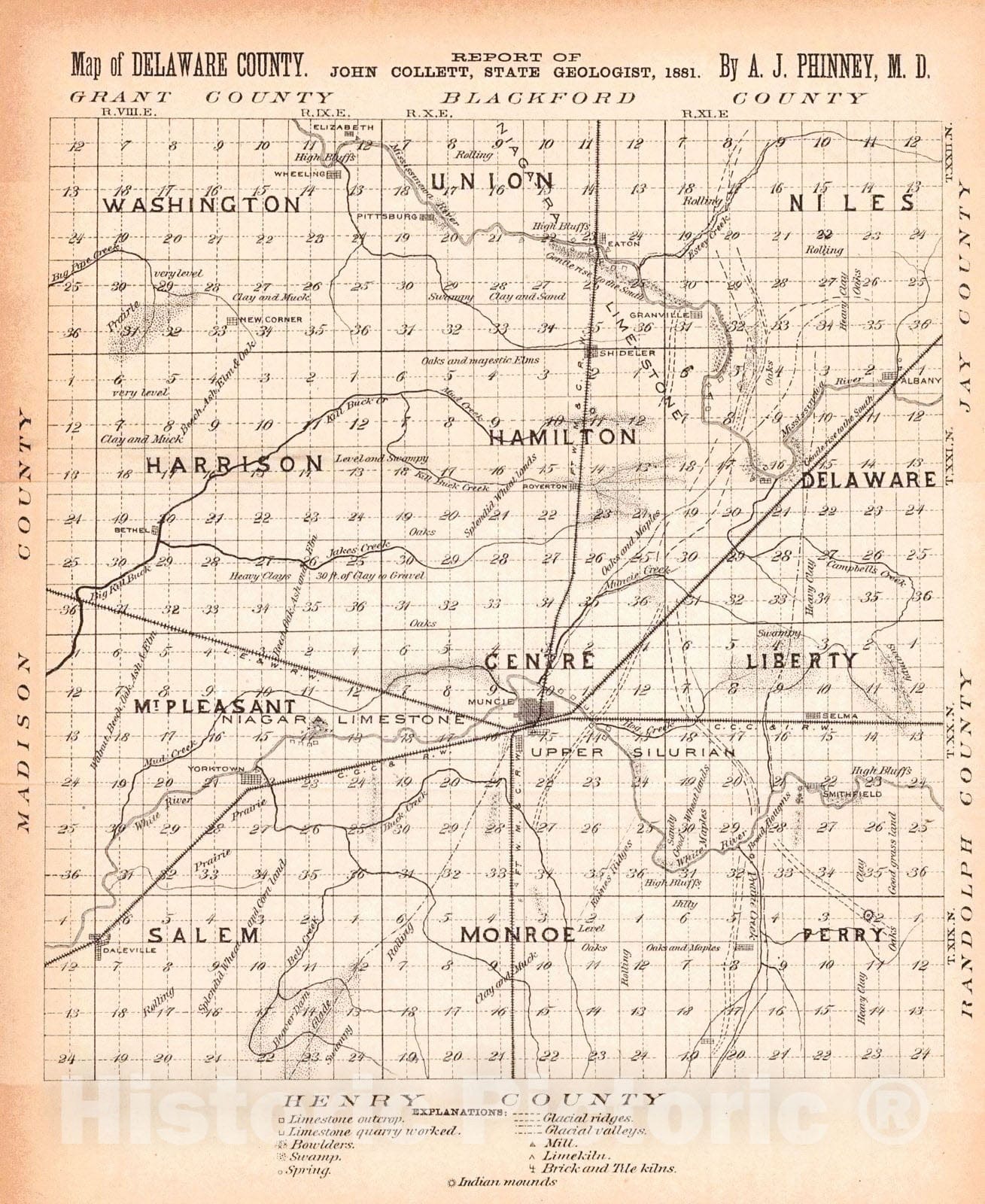 Historic Map : 1881 Map of Delaware County : Vintage Wall Art