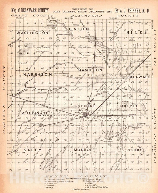 Historic Map : 1881 Map of Delaware County : Vintage Wall Art