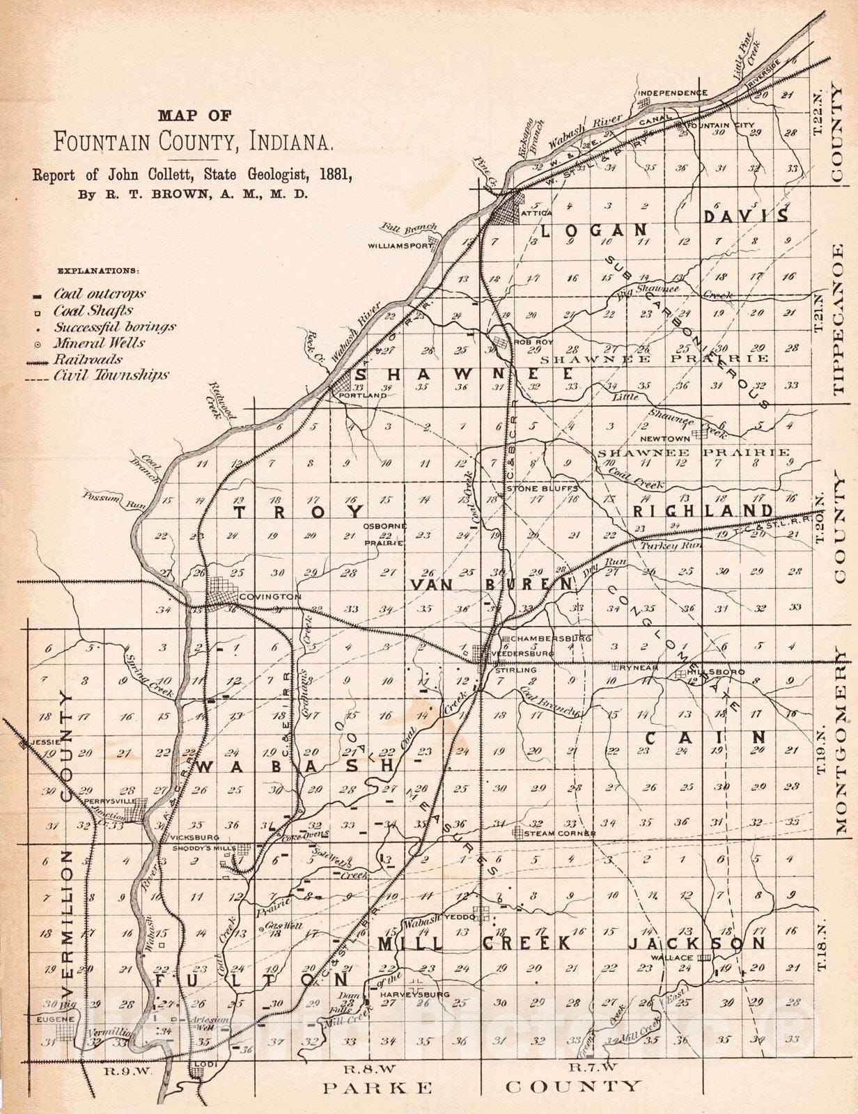 Historic Map : 1881 Map of Fountain County, Indiana : Vintage Wall Art